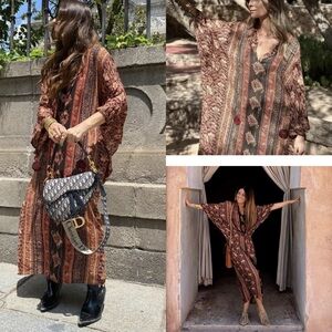 ZARA WOMAN PRINTED KAFTAN KHAKI BROWN DRESS NWOT sz M